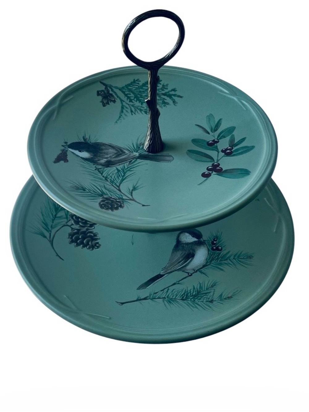 Retired Pfaltzgraff Portfolio Winterwood 2-Tiered Serving Tray 
Chickadee & Pine